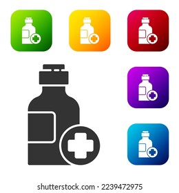 Black Bottle of medicine syrup icon isolated on white background. Set icons in color square buttons. Vector Illustration