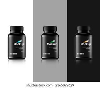 Black bottle mockup on different backgrounds. Vector illustration. Perfect for medical, cosmetic, pharmacy products. EPS10.	