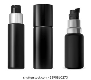 Black bottle mockup. Plastic foam spray tube vector template. Cosmetic product aerosol container, shaver lotion. Moisturizer gel pump package set. Serum or foundation packaging airless flacon