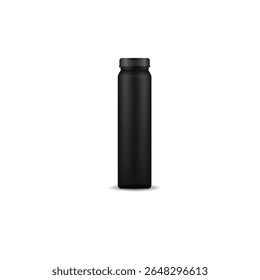 Black bottle mockup. Realistic 3d tub and jar with matte plastic surface for protein, gainer or supplement packaging. Isolated round container with label for sport nutrition, vitamins or diet powder.
