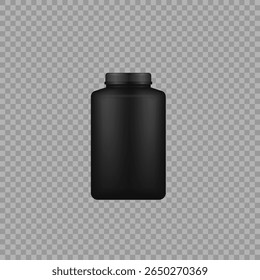 Black bottle mockup. Realistic 3d tub and jar with matte plastic surface for protein, gainer or supplement packaging. Isolated round container with label for sport nutrition, vitamins or diet powder.

