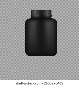 Black bottle mockup. Realistic 3d tub and jar with matte plastic surface for protein, gainer or supplement packaging. Isolated round container with label for sport nutrition, vitamins or diet powder.
