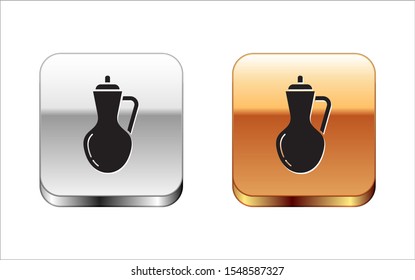 Black Bottle of olive oil icon isolated on white background. Jug with olive oil icon. Silver-gold square button. Vector Illustration