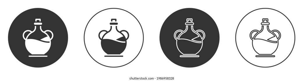 Black Bottle of olive oil icon isolated on white background. Jug with olive oil icon. Circle button. Vector