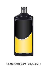 black bottle plastic with yellow label on white