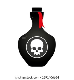 Black bottle of poison with a sticker of a white skull on a white background 