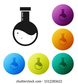 Black Bottle with potion icon isolated on white background. Flask with magic potion. Happy Halloween party. Set icons colorful circle buttons. Vector Illustration