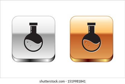 Black Bottle with potion icon isolated on white background. Flask with magic potion. Happy Halloween party. Silver-gold square button. Vector Illustration