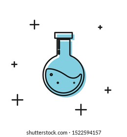 Black Bottle with potion icon isolated on white background. Flask with magic potion. Happy Halloween party.  Vector Illustration