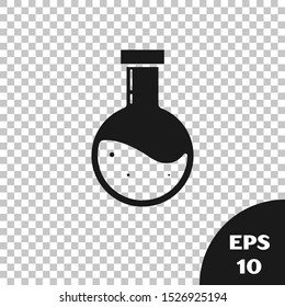 Black Bottle with potion icon isolated on transparent background. Flask with magic potion. Happy Halloween party.  Vector Illustration