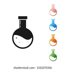 Black Bottle with potion icon isolated on white background. Flask with magic potion. Happy Halloween party. Set icons colorful. Vector Illustration