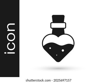 Black Bottle with potion icon isolated on white background. Flask with magic potion. Happy Halloween party.  Vector