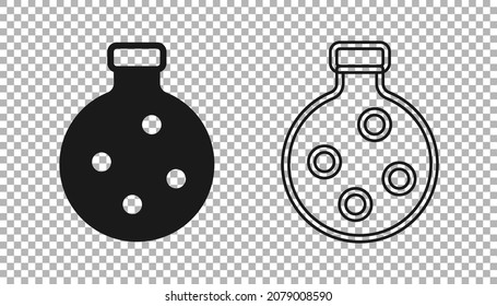 Black Bottle with potion icon isolated on transparent background. Flask with magic potion. Happy Halloween party.  Vector