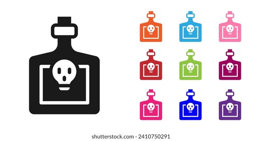 Botella negra con icono de poción aislado en fondo blanco. Enarbolar con poción mágica. Feliz fiesta de Halloween. Indique los iconos en colores. Vector