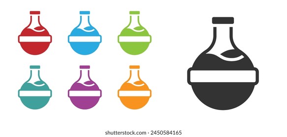 Black Bottle with potion icon isolated on white background. Flask with magic potion. Happy Halloween party. Set icons colorful. Vector