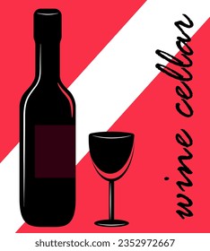 Black bottle of red wine and stemmed glass on background with national flag colors of Poland. Vector illustration for product labels, logo, poster.