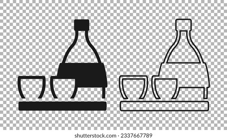 Black Bottle of sake, small cup of sake icon isolated on transparent background.  Vector