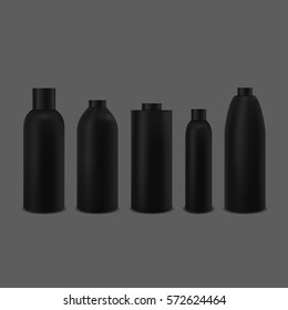 Black bottle set. Package collection for cream, soups, foams, shampoo and other cosmetics