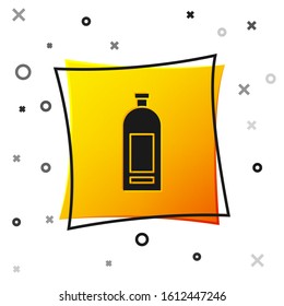 Black Bottle of shampoo icon isolated on white background. Yellow square button. Vector Illustration