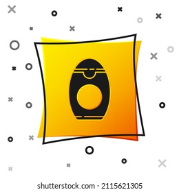 Black Bottle of shampoo icon isolated on white background. Yellow square button. Vector Illustration