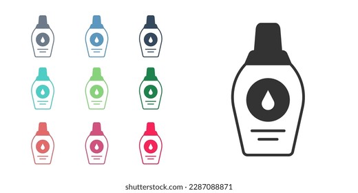 Botella negra de icono de champú aislado en fondo blanco. Indique los iconos en colores. Vector
