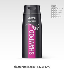 Black Bottle Shampoo Isolated on White Background. Vector Layers Mock up for Design