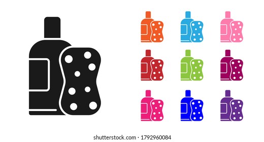 Black Bottle of shampoo and sponge icon isolated on white background. Set icons colorful. Vector Illustration