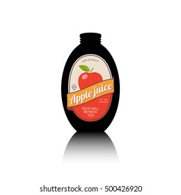 Black bottle silhouette with reflection and vintage fruit label. Apple juice bottle vector illustration