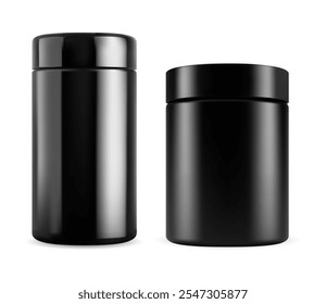 Black bottle vector mockup. Sport vitamin supplement can template. Vertical cylinder package, whey protein for bodybuilding. Cosmetic pill capsule jar, realistic plastic packaging