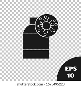 Black Bottle with virus and bacteria icon isolated on transparent background. Analysis microorganism, research, diagnosis.  Vector Illustration