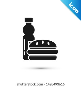 Black Bottle of water and burger icon isolated on white background. Soda aqua drink sign. Hamburger, cheeseburger sandwich. Fast food menu.  Vector Illustration
