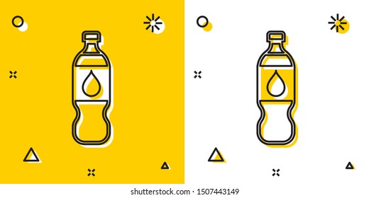 Black Bottle of water icon isolated on yellow and white background. Soda aqua drink sign. Random dynamic shapes. Vector Illustration