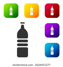 Black Bottle of water icon isolated on white background. Soda aqua drink sign. Set icons in color square buttons. Vector Illustration