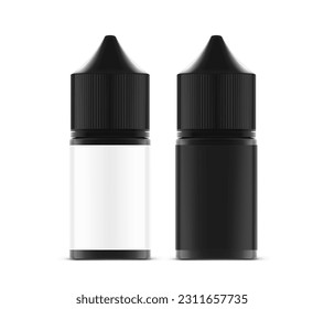 Black bottle with white and black label mockup. Vector illustration isolated on white background. Can be used to present cigarette liquid, medical and other needs. EPS10.	