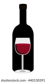 black bottle of wine and glass of wine front view over isolated background,vector illustration