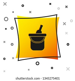 Black Bottle of wine in an ice bucket icon isolated on white background. Yellow square button. Vector Illustration