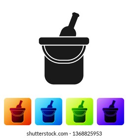 Black Bottle of wine in an ice bucket icon isolated on white background. Set icon in color square buttons. Vector Illustration