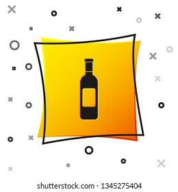 Black Bottle of wine icon isolated on white background. Yellow square button. Vector Illustration