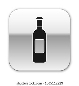 Black Bottle of wine icon isolated on white background. Silver square button. Vector Illustration