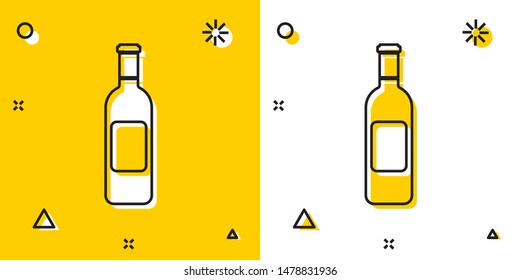Black Bottle of wine icon isolated on yellow and white background. Random dynamic shapes. Vector Illustration