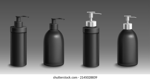 Black bottles with dispenser pump for liquid hand soap, shampoo, lotion or gel. Vector realistic mock up of 3d blank container, cosmetic package with plastic and metal cap