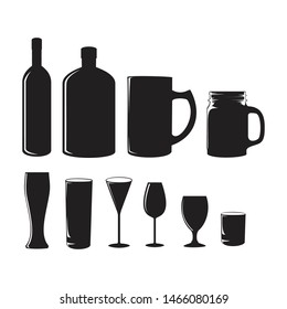 black bottles and glasses set for bar or cafe black and white illustrations logo symbol silhouette