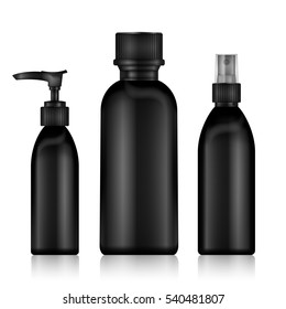 Black Bottles Spray. Realistic Black Bottle For Essential Oil And Tube Or Container For Cream, Ointment, Oil Lotion. Mock Up set. Cosmetic Vial, Flask, Dropper-Bottle, Shampoo. Vector Illustration.