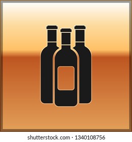 Black Bottles of wine icon isolated on gold background. Vector Illustration