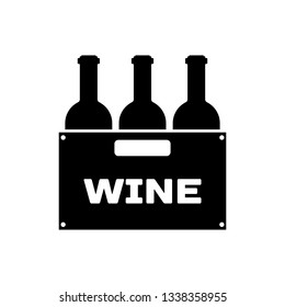 Black Bottles of wine in a wooden box icon isolated on white background. Wine bottles in a wooden crate icon. Vector Illustration