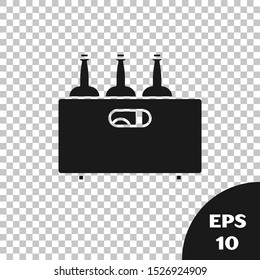 Black Bottles of wine in a wooden box icon isolated on transparent background. Wine bottles in a wooden crate icon.  Vector Illustration