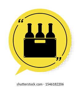 Black Bottles of wine in a wooden box icon isolated on white background. Wine bottles in a wooden crate icon. Yellow speech bubble symbol. Vector Illustration