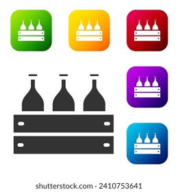Black Bottles of wine in a wooden box icon isolated on white background. Wine bottles in a wooden crate icon. Set icons in color square buttons. Vector Illustration