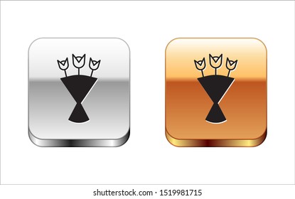 Black Bouquet of flowers icon isolated on white background. Silver-gold square button. Vector Illustration