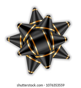 Black bow 3d ribbon decor element package. Shiny golden satin decoration gift present, holiday design, isolated white background. Symbol Christmas, New Year celebration, birthday Vector illustration